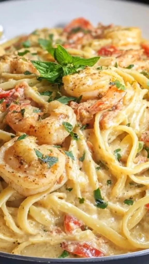 Creamy Tuscan shrimp pasta served in a bowl with fresh herbs and parmesan.