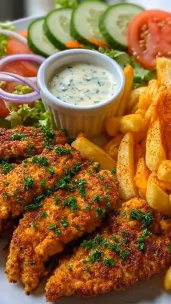 Crispy chicken with seasoned fries and garlic herb sauce on a plate.