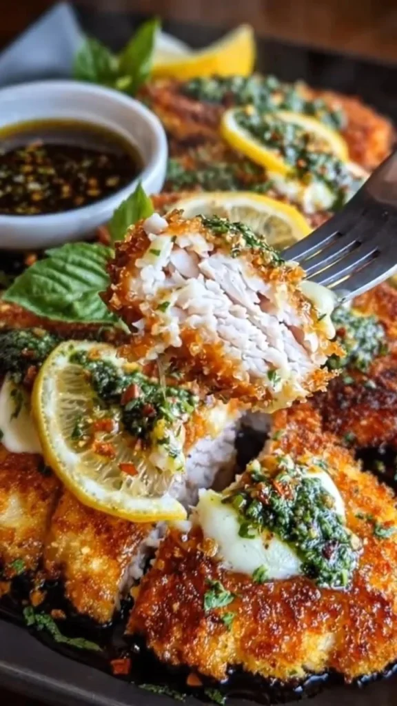Delicious crispy herb and mozzarella chicken cutlets served on a plate