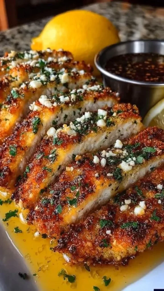 Crispy lemon garlic chicken cutlets with fresh herbs and lemon slices