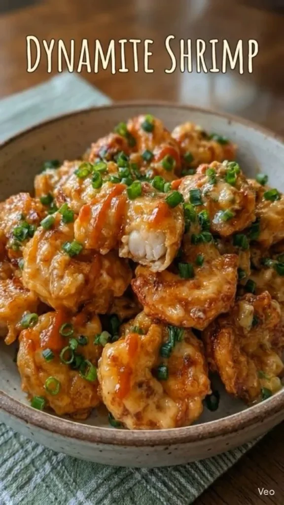 Delicious plate of Dynamite Shrimp garnished with fresh herbs.