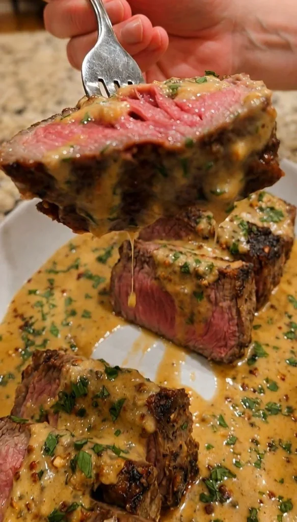 Succulent Filet Mignon with creamy Parmesan mustard sauce on a plate
