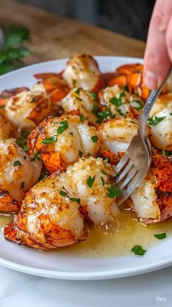Delicious garlic butter lobster tails served with fresh herbs and lemon.