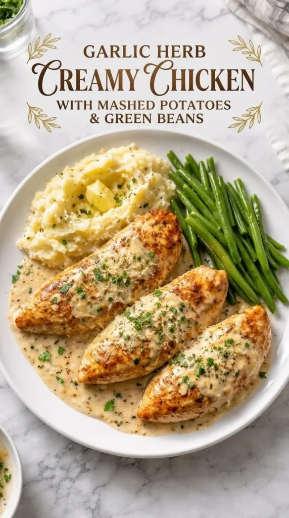 Creamy Garlic Herb Chicken dish garnished with herbs and served on a plate