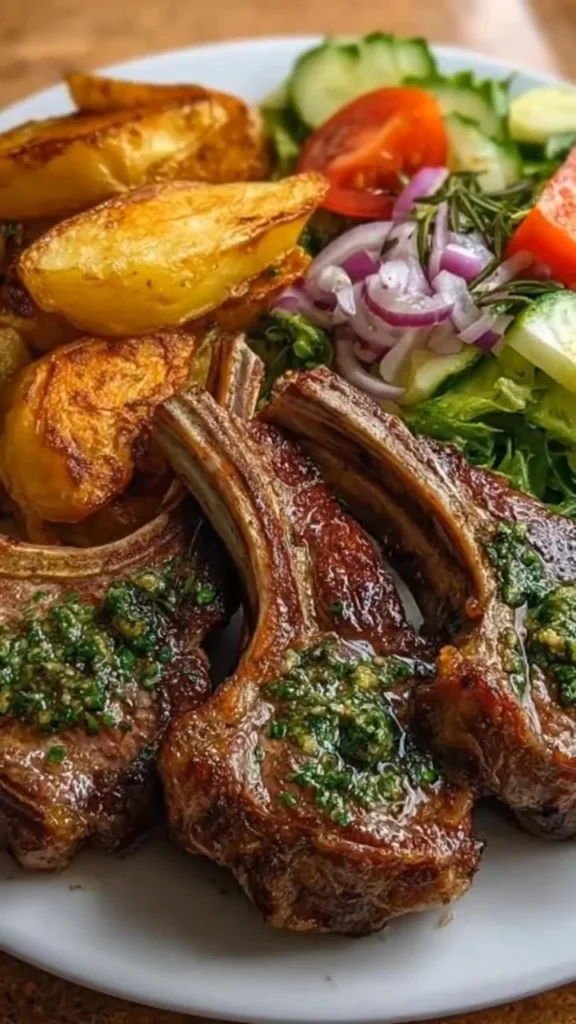 Garlic-herb lamb chops served with crispy roasted potato wedges and fresh garden salad
