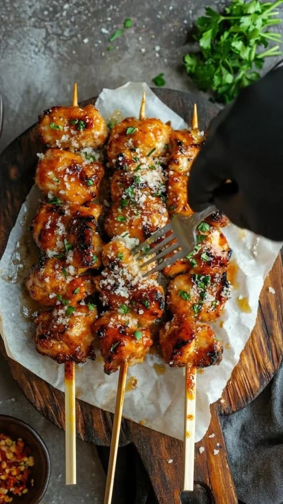 Delicious Garlic Parmesan Chicken Skewers on a grill, garnished and ready to serve.