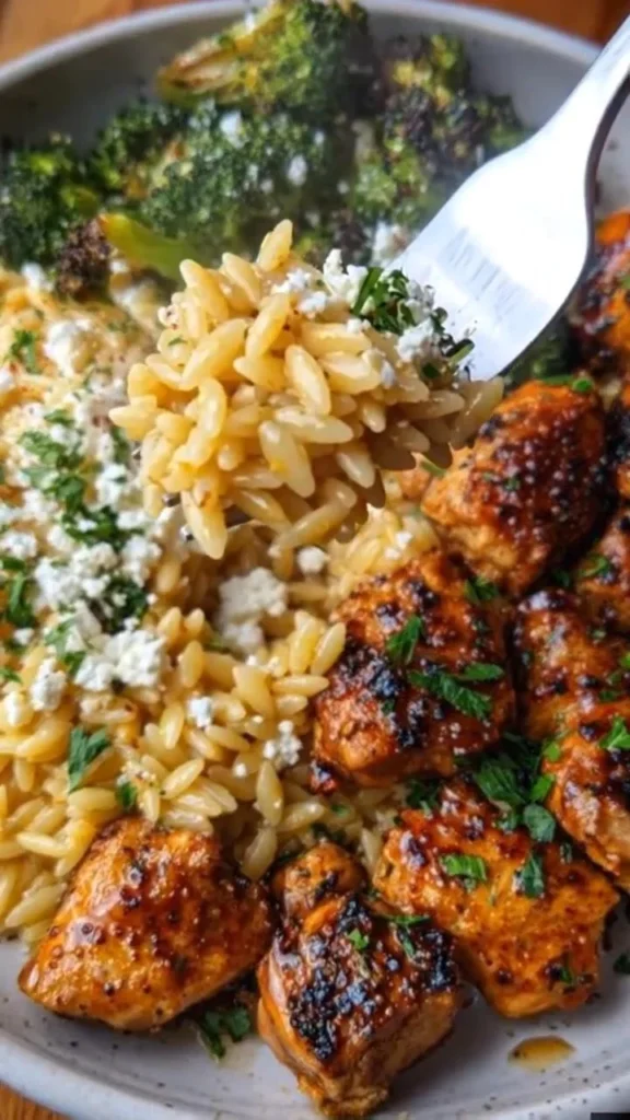 Honey Garlic Chicken with Orzo and Broccoli dish served in a bowl
