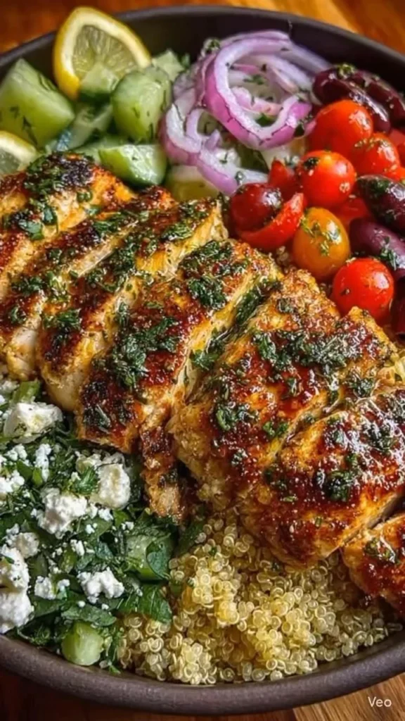 Mediterranean Chicken and Quinoa Bowl with colorful veggies and herbs
