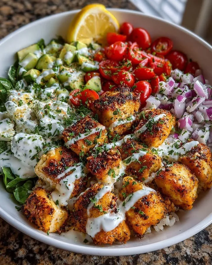Delicious Mediterranean Protein Rice Bowl with fresh vegetables and spices