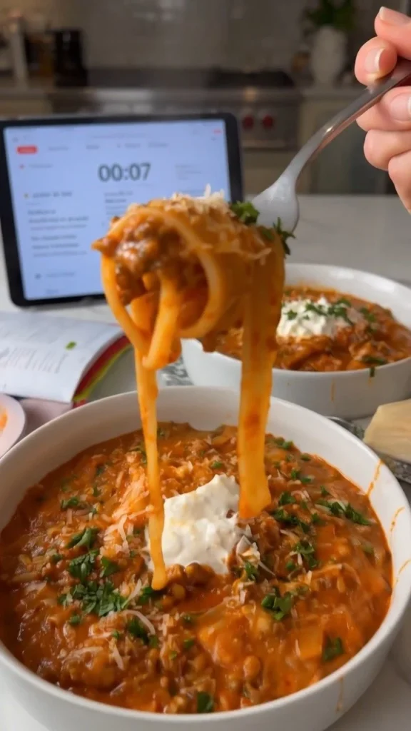 One Pan Lasagne Soup made with pasta, cheese, and rich tomato broth