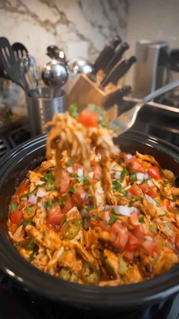 Slow Cooker Mexican Chicken in a serving dish with garnishes