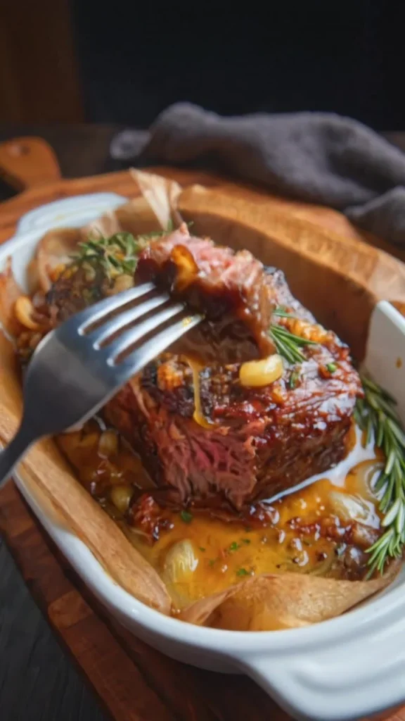 Slow-roasted garlic and honey beef shoulder dish served on a platter
