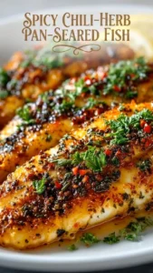 Delicious spicy chili-herb pan-seared fish garnished with fresh herbs.