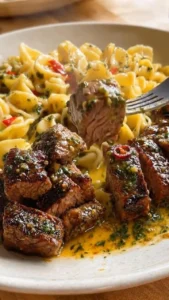 Delicious Garlic-Herb Steak Bites served with glossy orecchiette pasta.