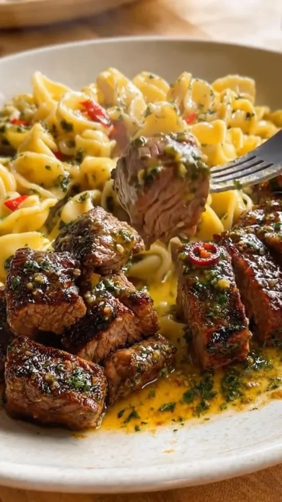 Delicious Garlic-Herb Steak Bites served with glossy orecchiette pasta.