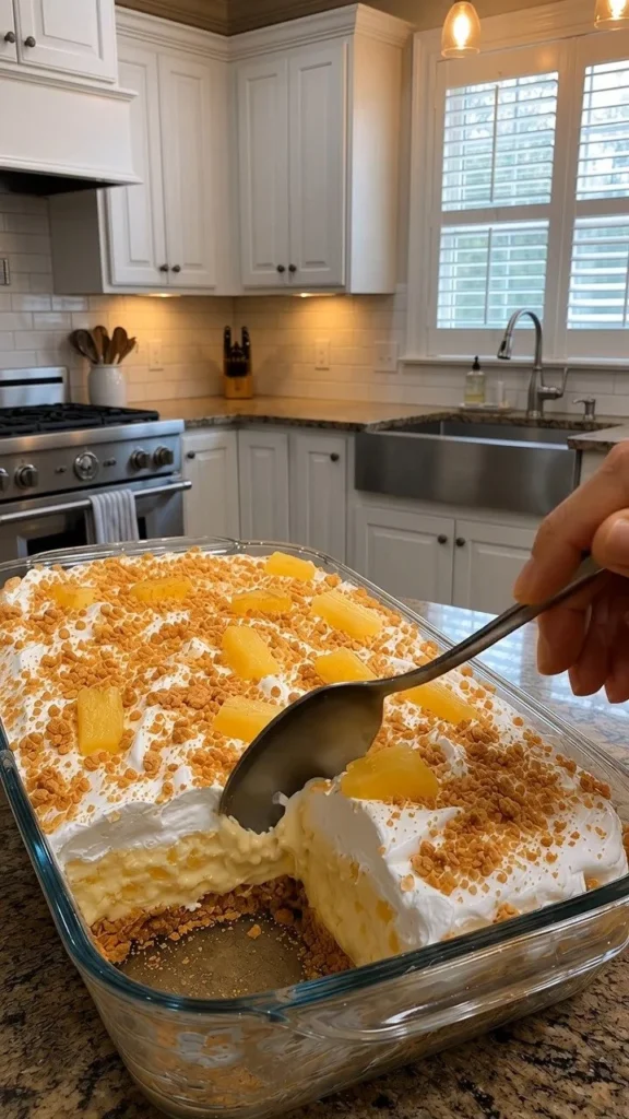 Delicious no-bake pineapple cream dessert in a glass with pineapple slices