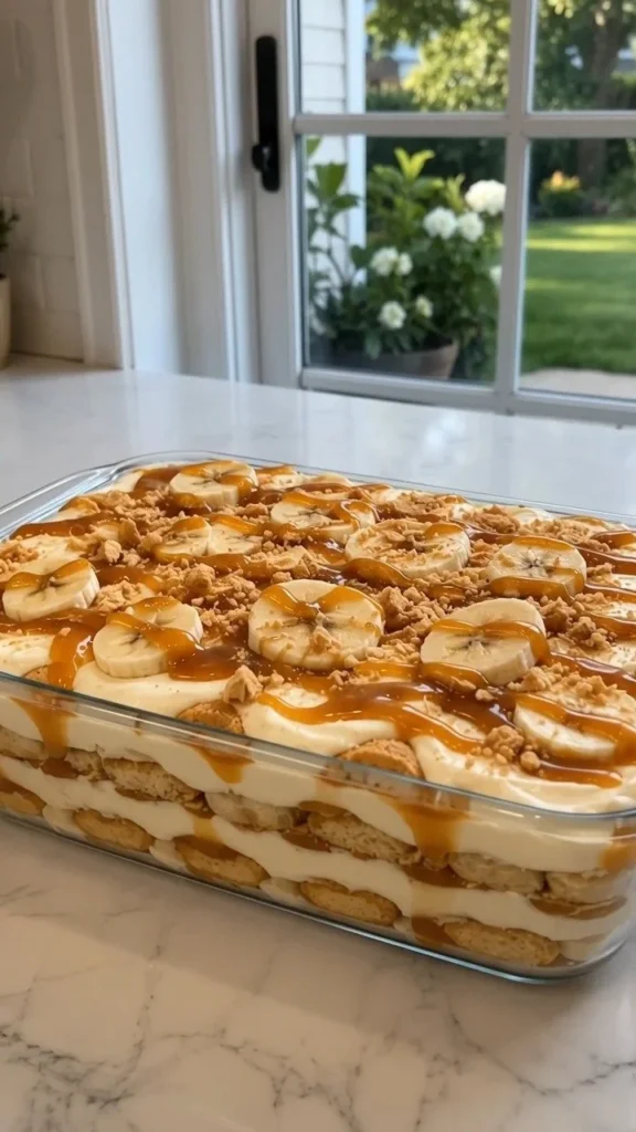 Banana pudding tiramisu with caramel layers in a glass dish